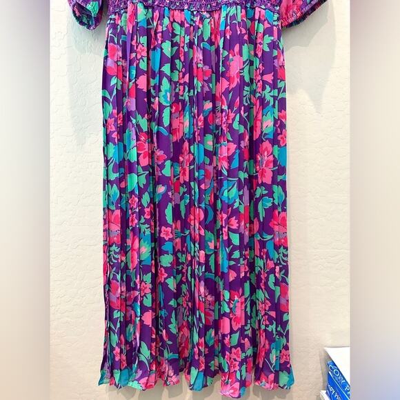 SUSAN FREIS | Vintage 80s Dress Ruffle Floral Midi Purple Cottagecore | Medium - Picture 4 of 7